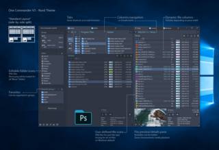 Program in dual-pane view and Nord theme, showing columns navigation and dynamic files columns, sidebar favorites with editable folder icons.